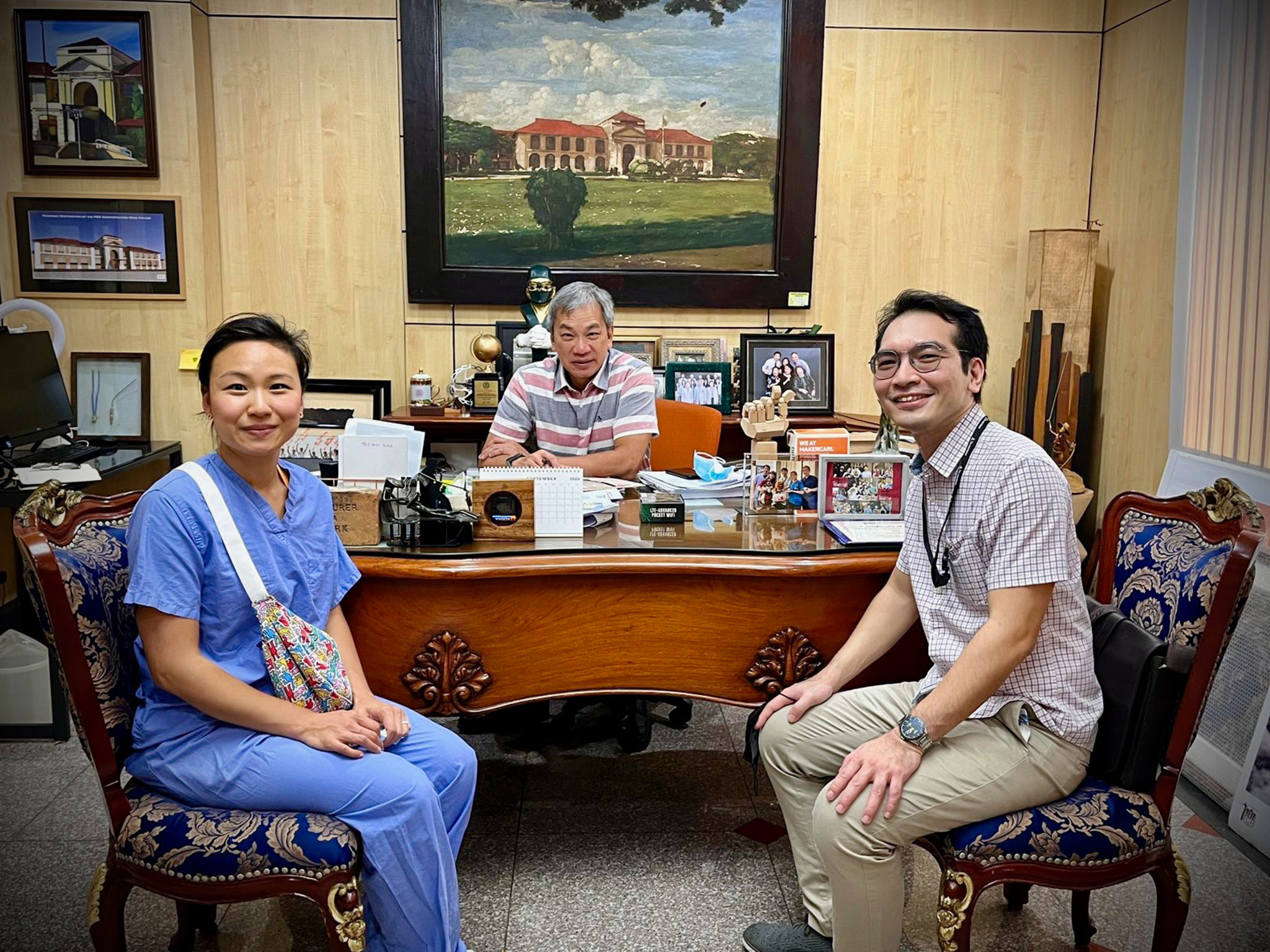 Dr. Gerardo Legaspi (PGH hospital director) and Dr. Ronnie E Baticulon (PGH Pediatric Neurosurgeon) host Dr. Belinda Shao (Brown neurosurgery resident) for the Bhatia award rotation at Philippines General Hospital in Manila, 2023